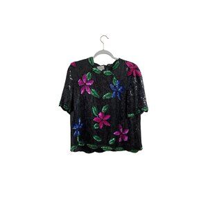 Vintage Stenay Black Sequin Floral Top With Pink Green & Blue Embellishments Sho